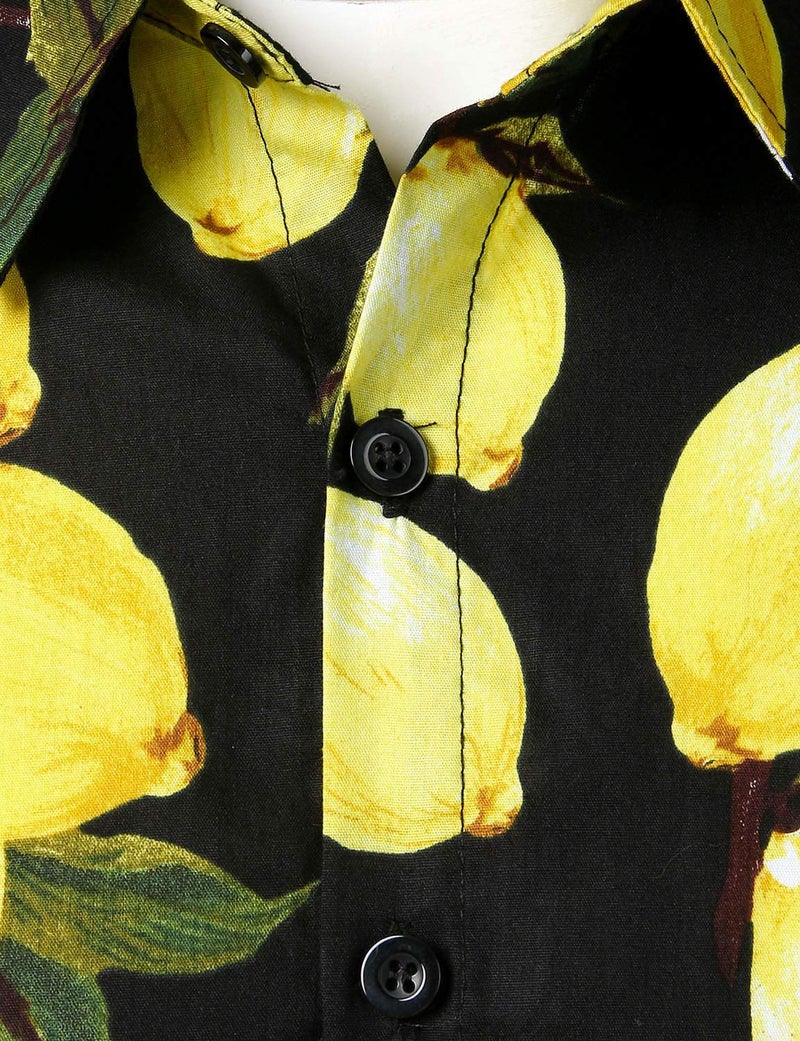JOGAL Men's Cotton Button Down Short Sleeve Hawaiian Shirt Black Yellow XX-Large - Image 3